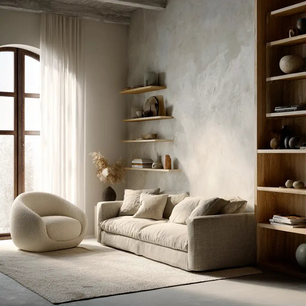 Modern Nordic lounge with grey layers, oak paneling, and soft lighting.