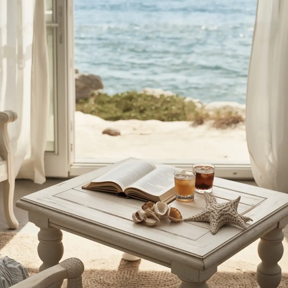 Whitewashed coastal outdoor coffee table by seaside patio