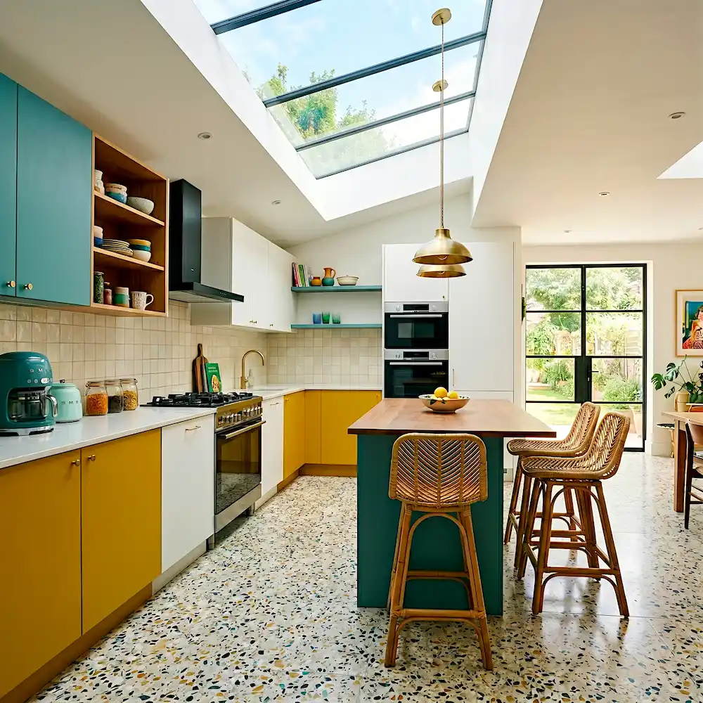 Color blocked kitchen with multi-tone bold cabinet design 2026 trend