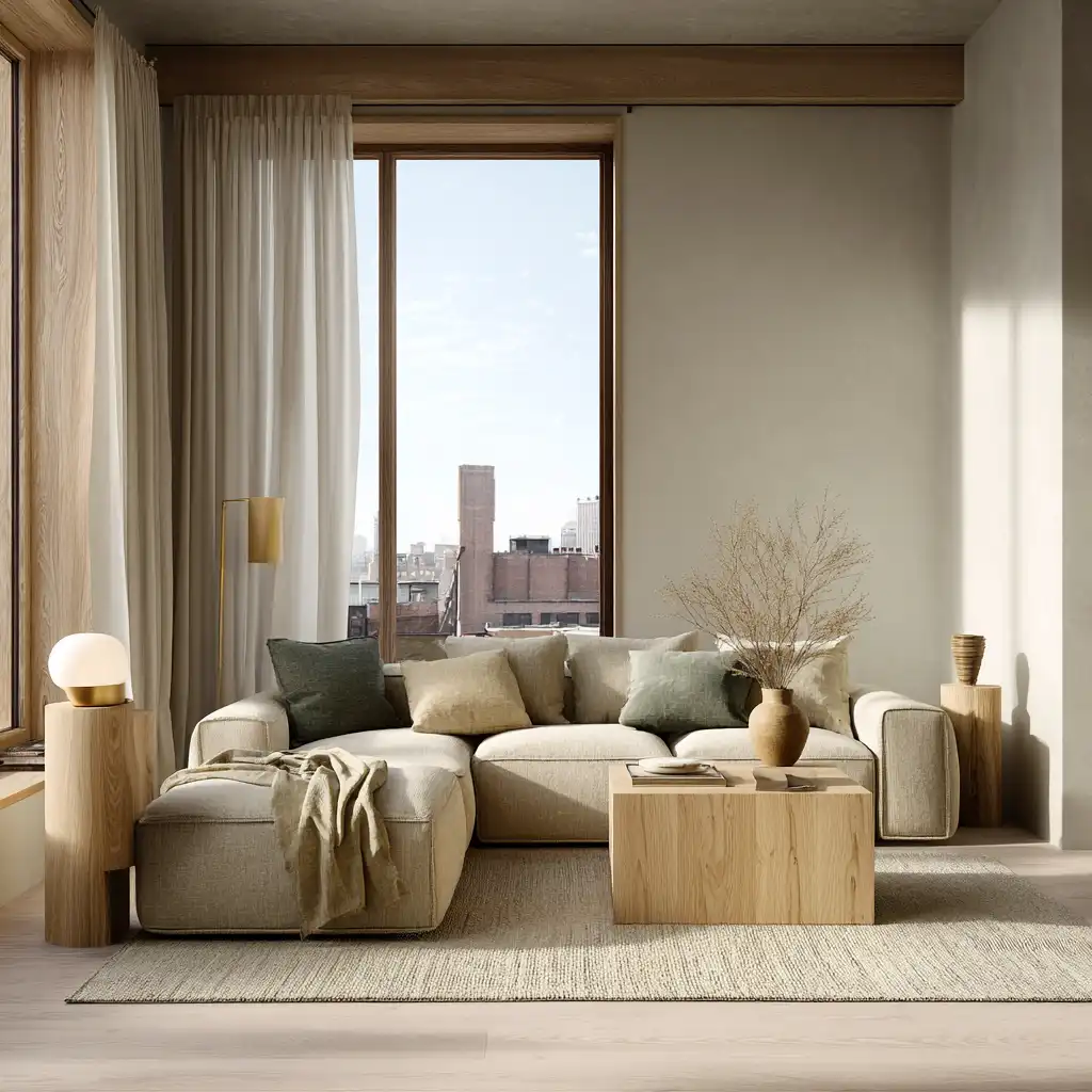 Small Scandinavian apartment living room with modular sofa and neutral palette.