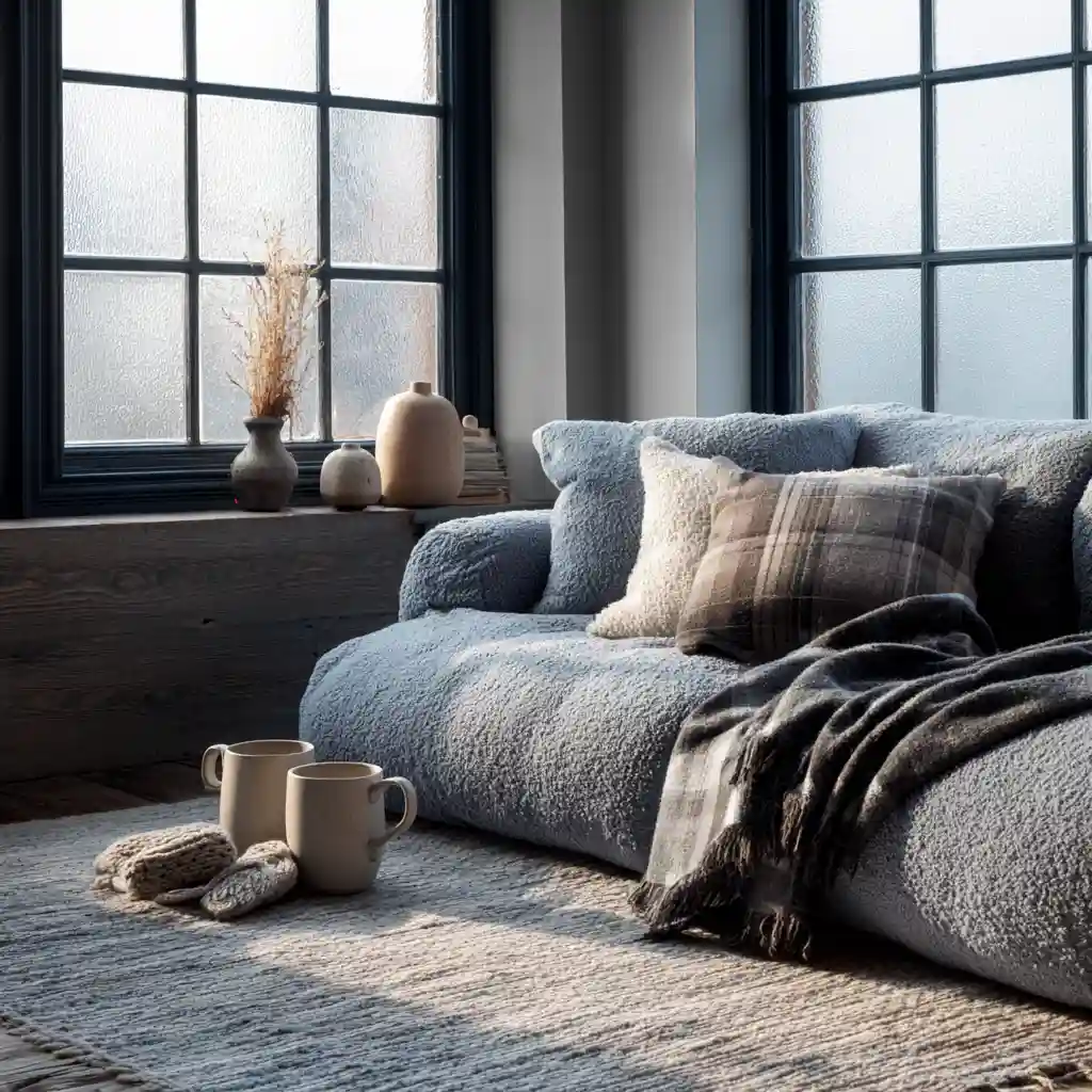 Cozy Scandinavian living room with knit throws, candles, and neutral fabrics.