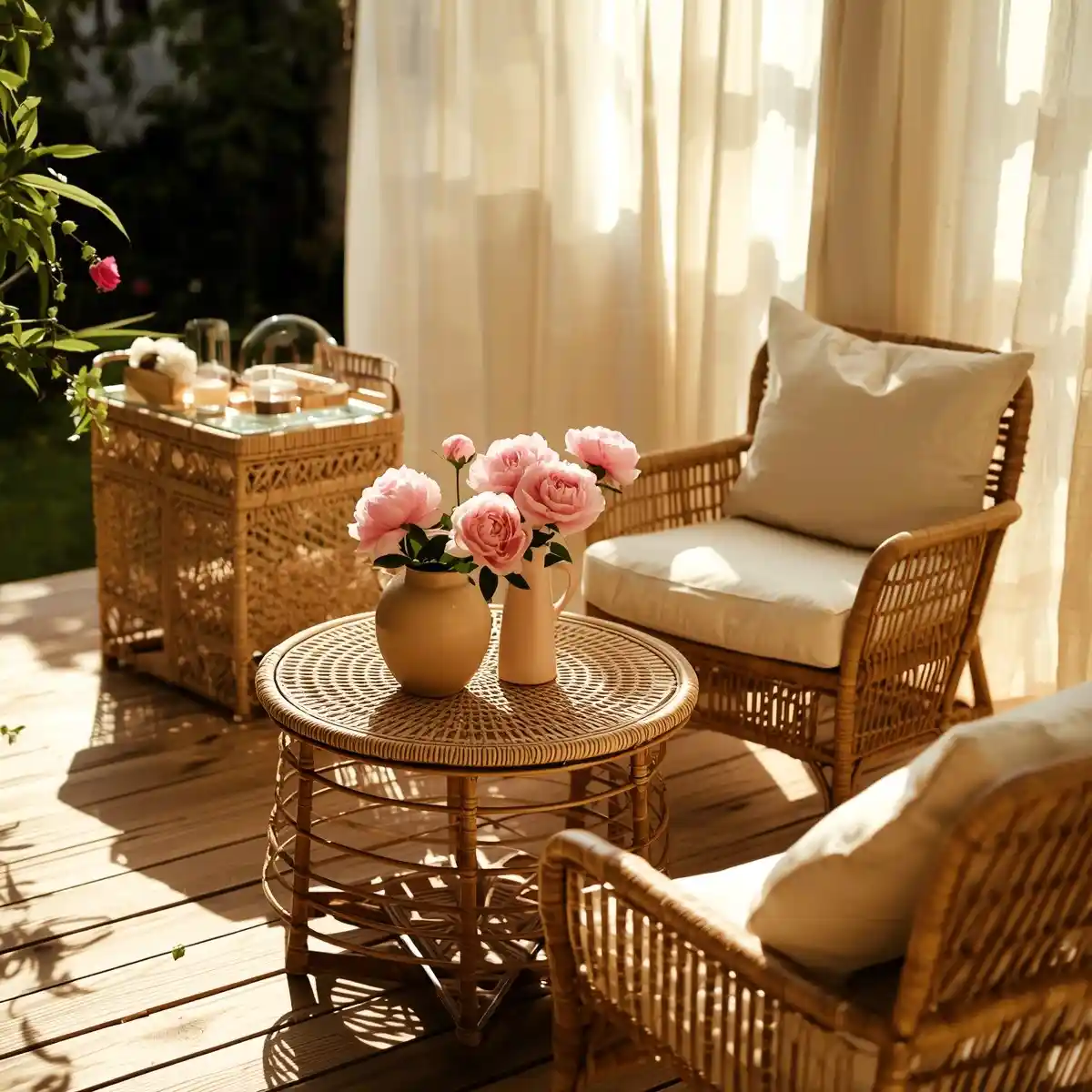 Cozy rattan coffee table with flowers and soft seating
