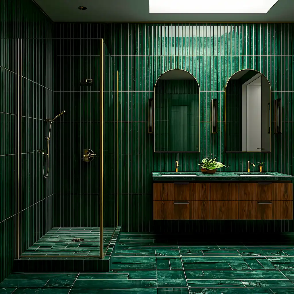 dark forest green bathroom tiles with brushed gold accents 2026