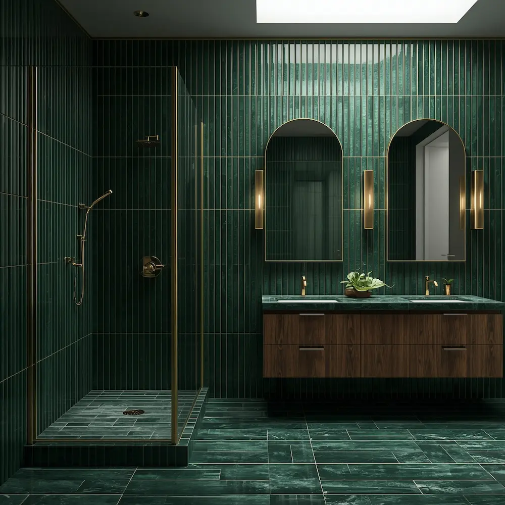Forest green bathroom tiles with gold accents