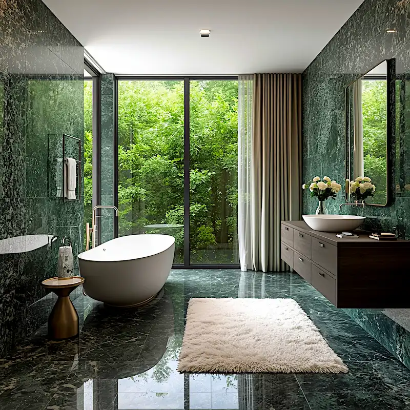 dark green terrazzo tile contemporary bathroom with freestanding bathtub