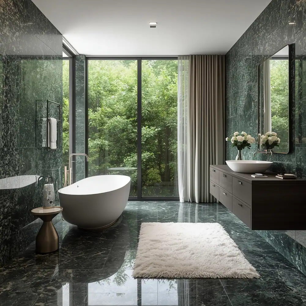 Modern bathroom with dark green terrazzo tiles