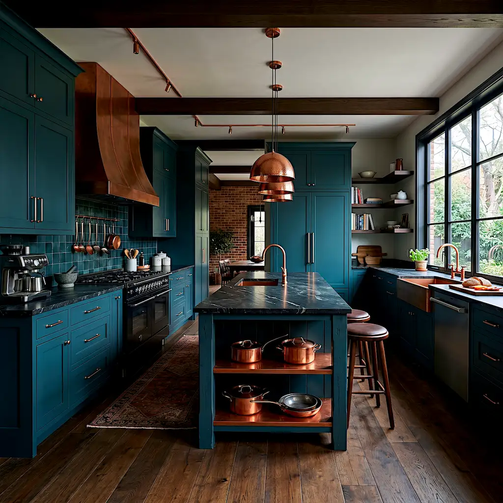 Dark teal kitchen with copper accents and warm pendant lighting modern style