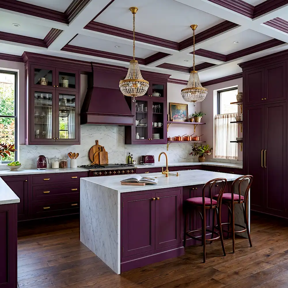Deep plum luxury kitchen with moody rich jewel tone cabinet design 2026