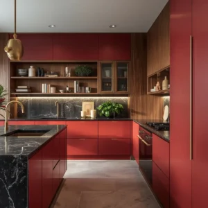 Deep red kitchen with walnut wood accents and black marble