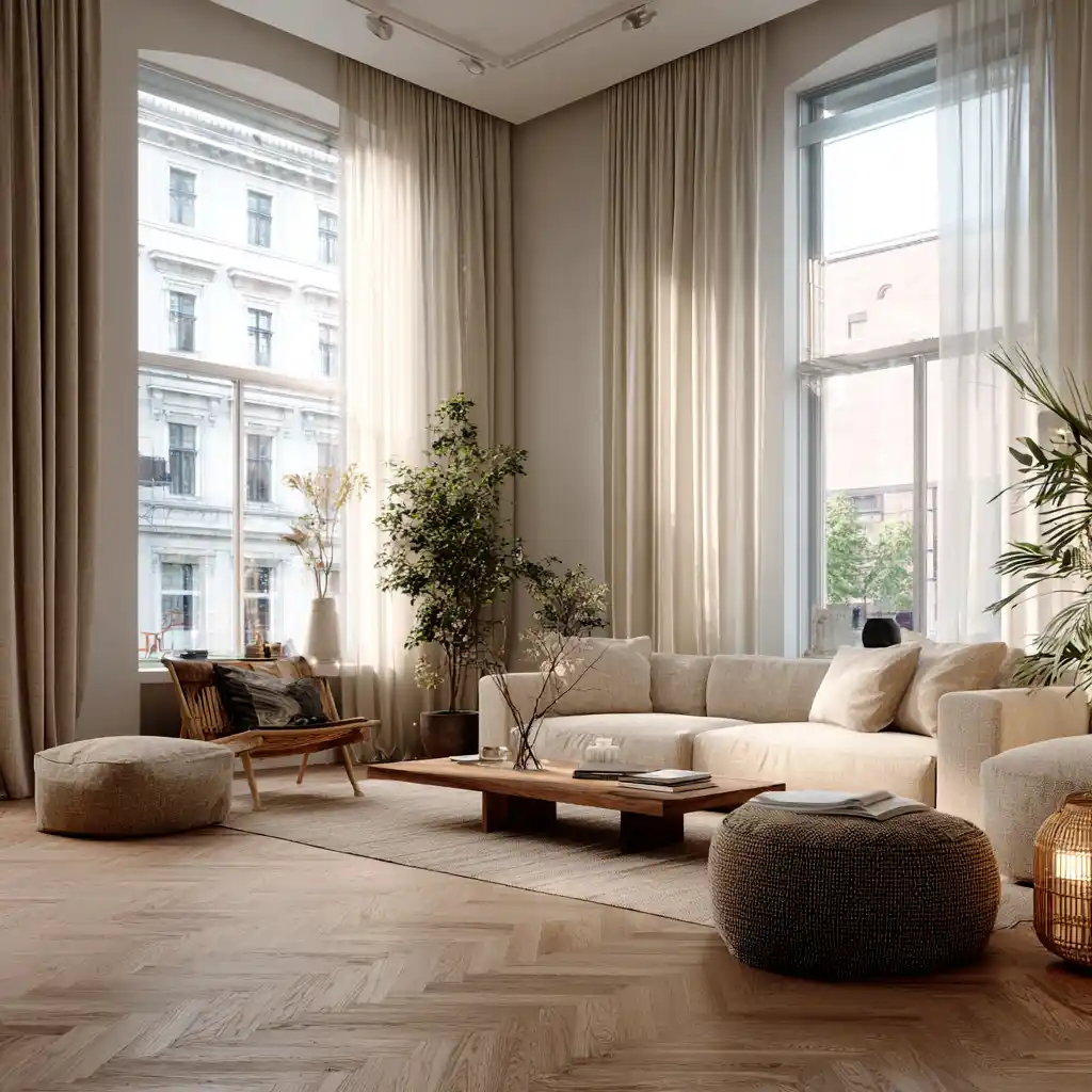 Earth-tone Scandinavian living room with linen layers and textured rug.
