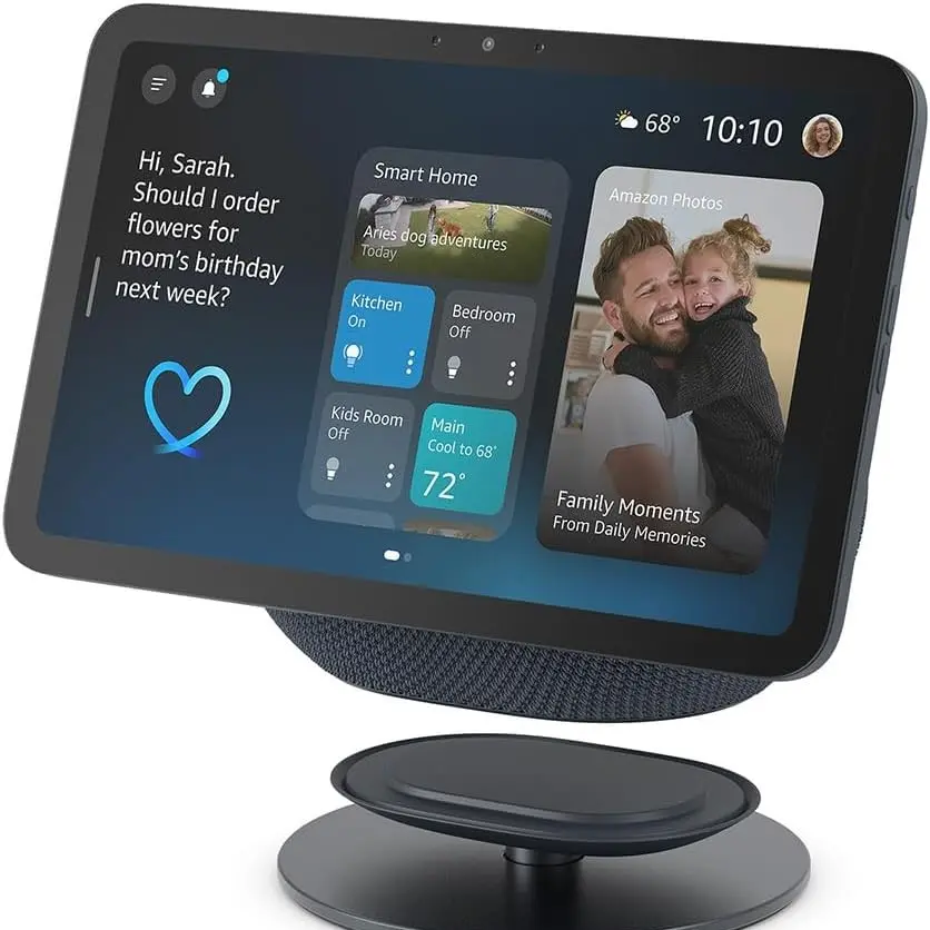 Echo Show 8 on bedside table showing weather and morning routine widgets