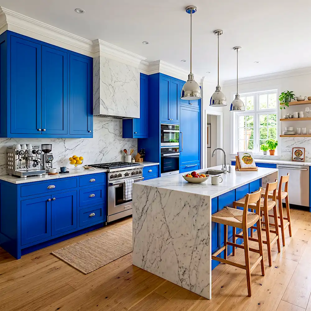 Electric blue kitchen with white marble island high contrast design 2026