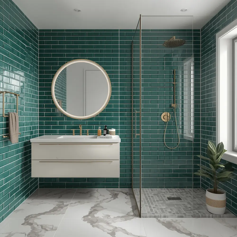 Emerald green subway tile modern bathroom