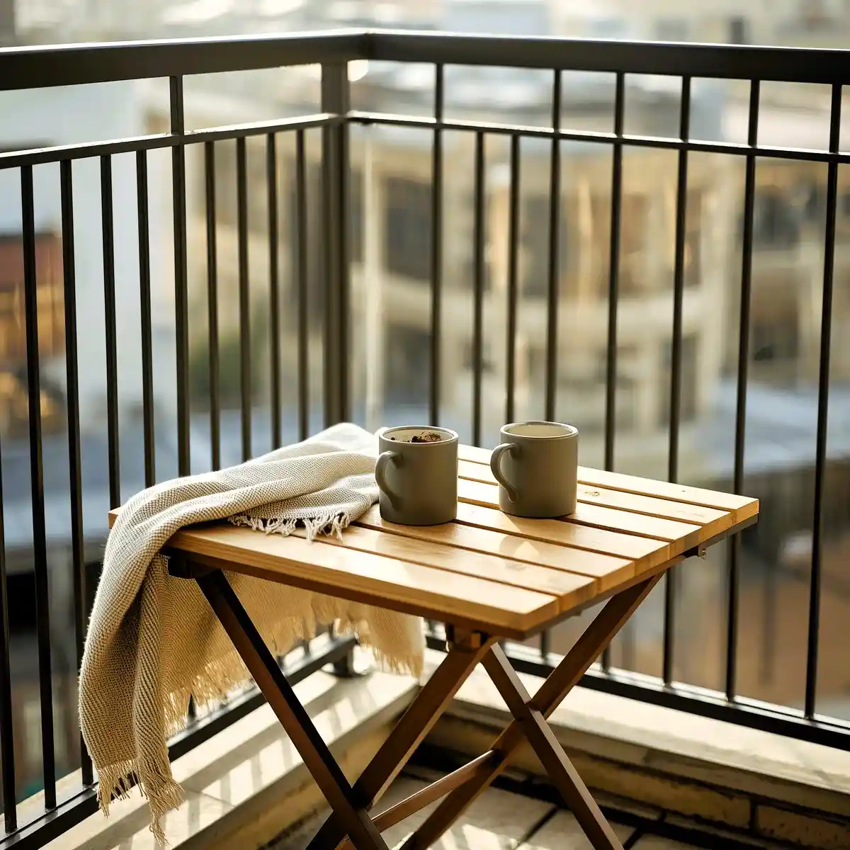 Foldable wooden balcony coffee table attached to railing