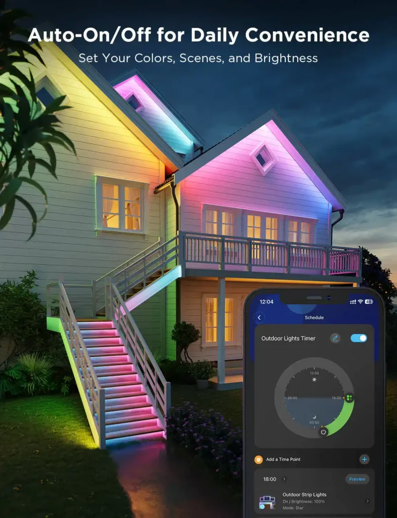 Govee 10m Outdoor RGBIC LED Strip lighting a house exterior with multicolour effects