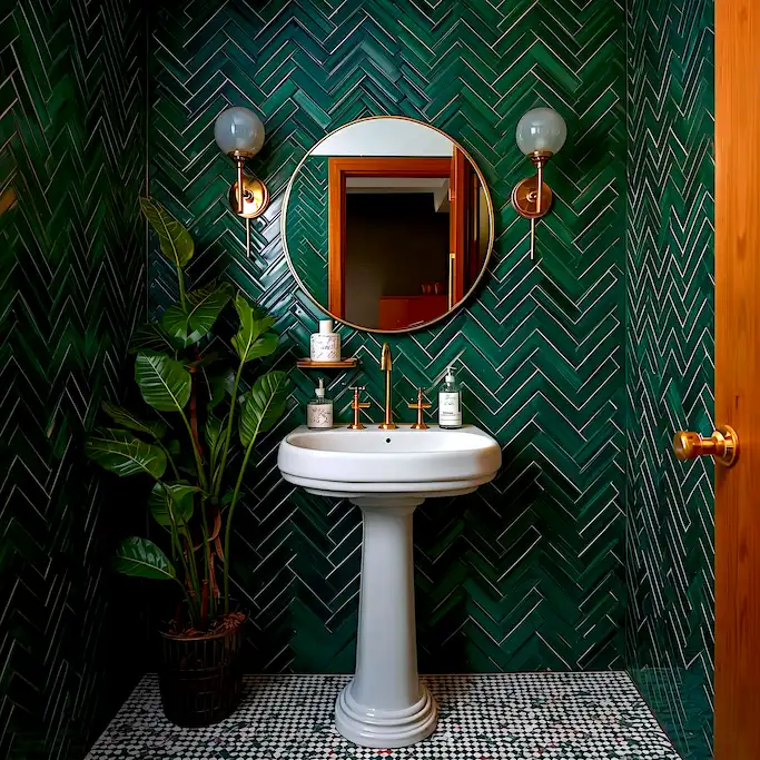 green herringbone tile retro modern bathroom feature wall 2026