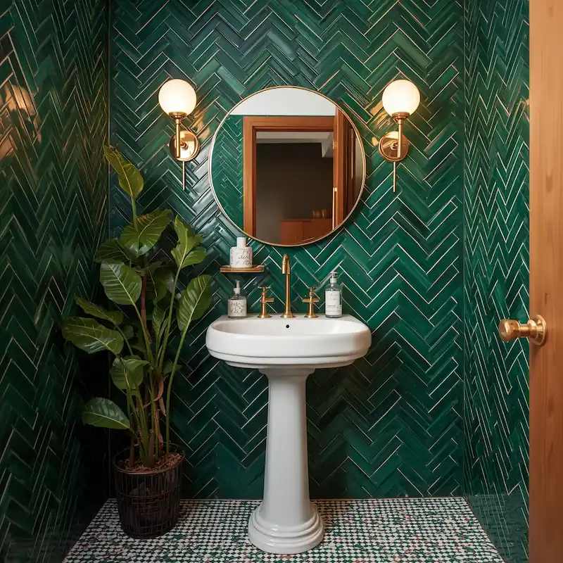 Green herringbone tile retro modern bathroom