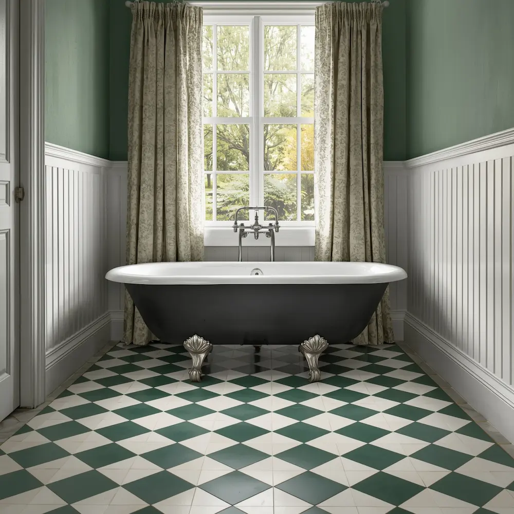 Green and white checker tile vintage bathroom