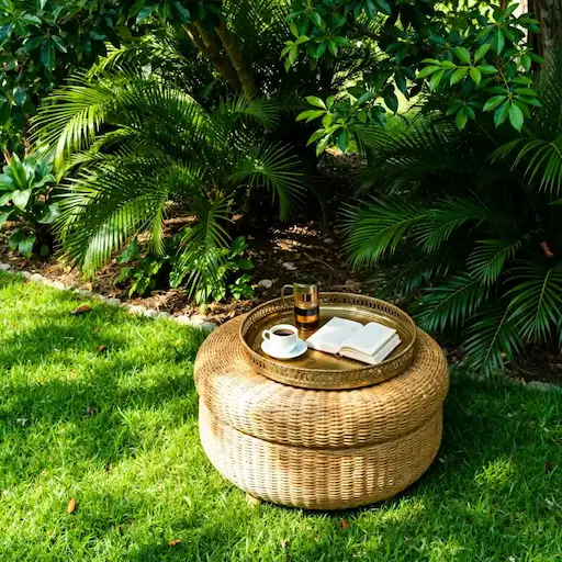 Handwoven rattan coffee table with detailed natural weave