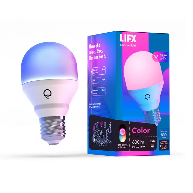 LIFX Mini Color Smart Bulb displaying bright RGB ambient lighting