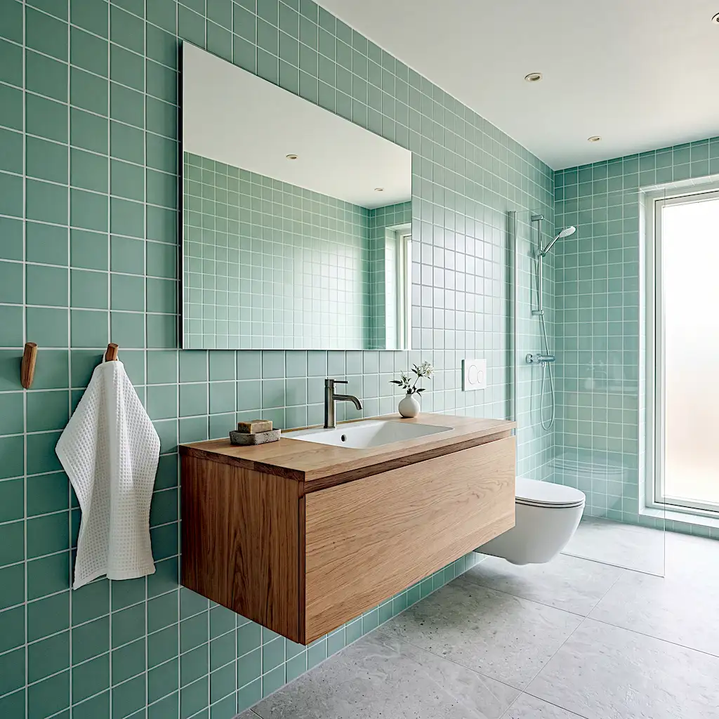 light mint green tile Scandinavian bathroom with oak vanity 2026