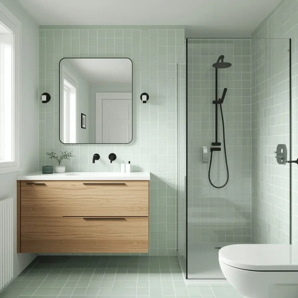 Light mint green Scandinavian bathroom tiles