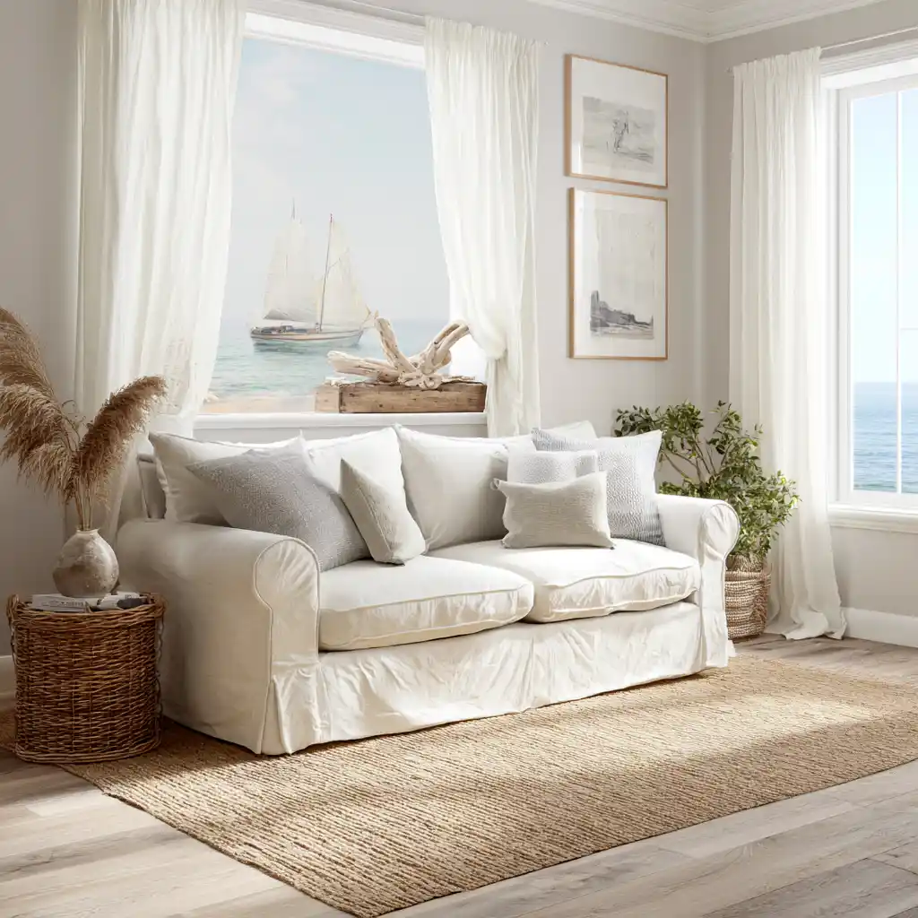 Bright Nordic living room with light wood furniture, beige sofa, and natural textures.