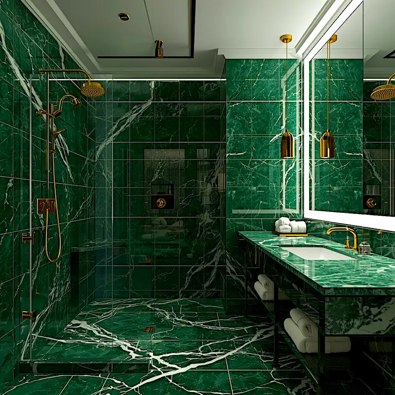 deep green marble tile luxury hotel bathroom gold fixtures 2026