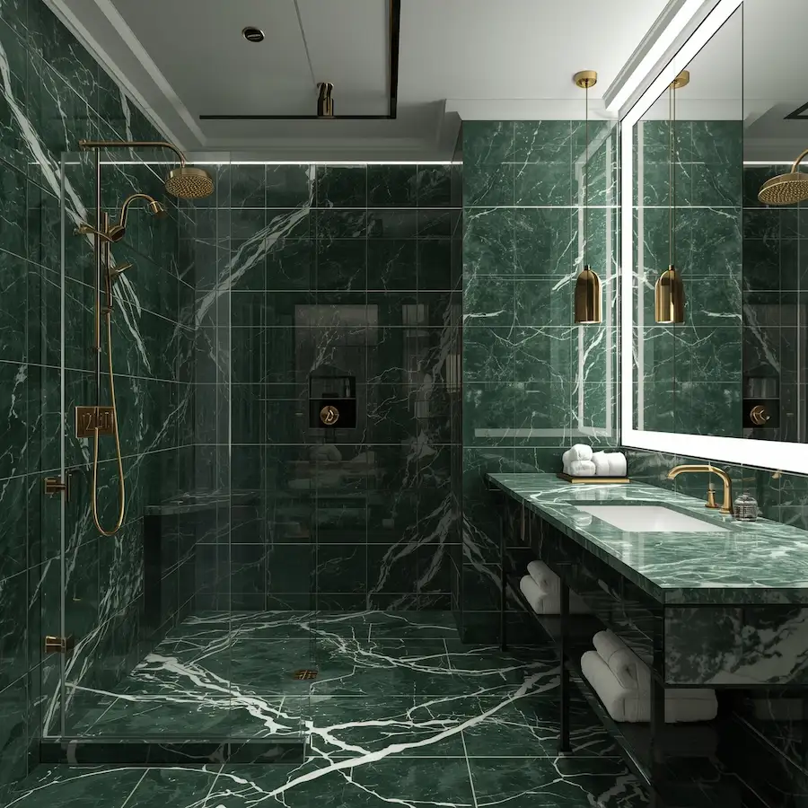 Deep green marble tiles luxury hotel bathroom