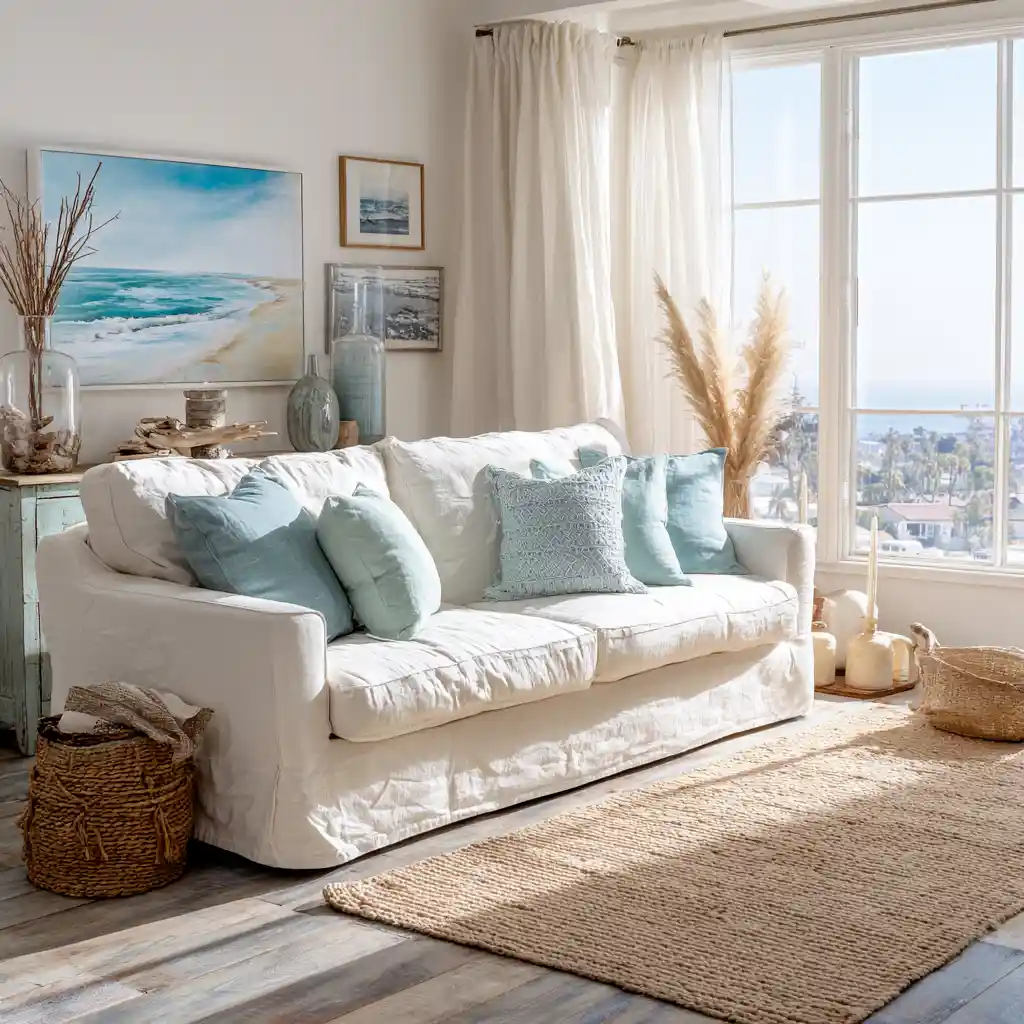 White Scandinavian living room with oak console and linen cushions.