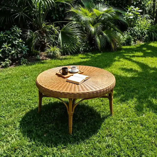 Minimalist rattan coffee table on modern patio with chairs