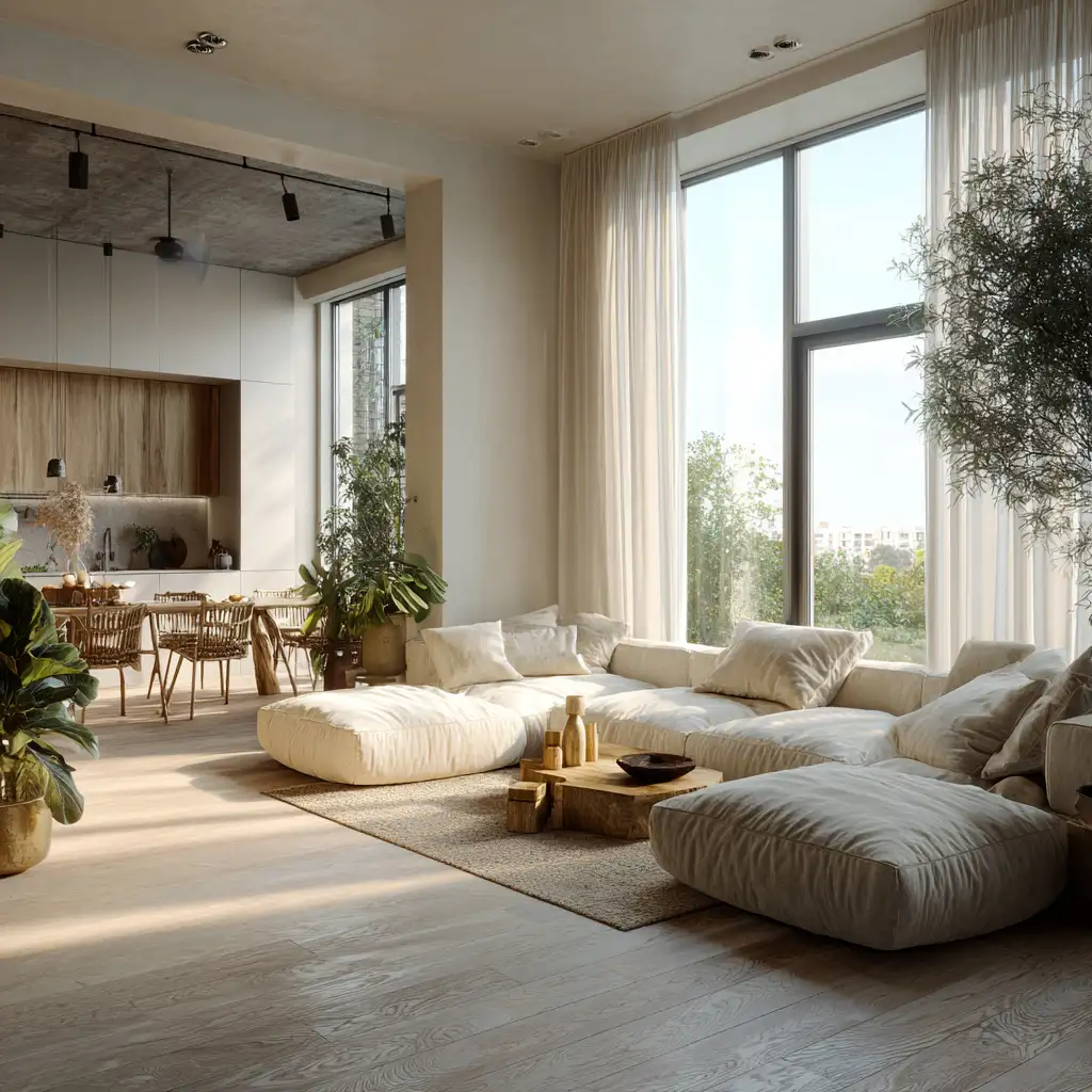 Light-wood Scandinavian living room with open-plan layout and warm lighting.