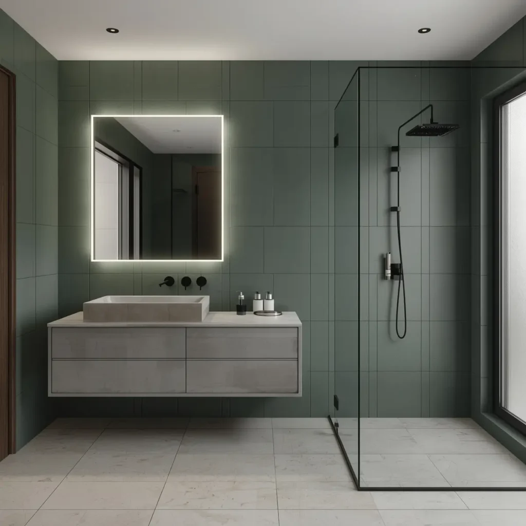 Modern minimalist bathroom with pine green tiles