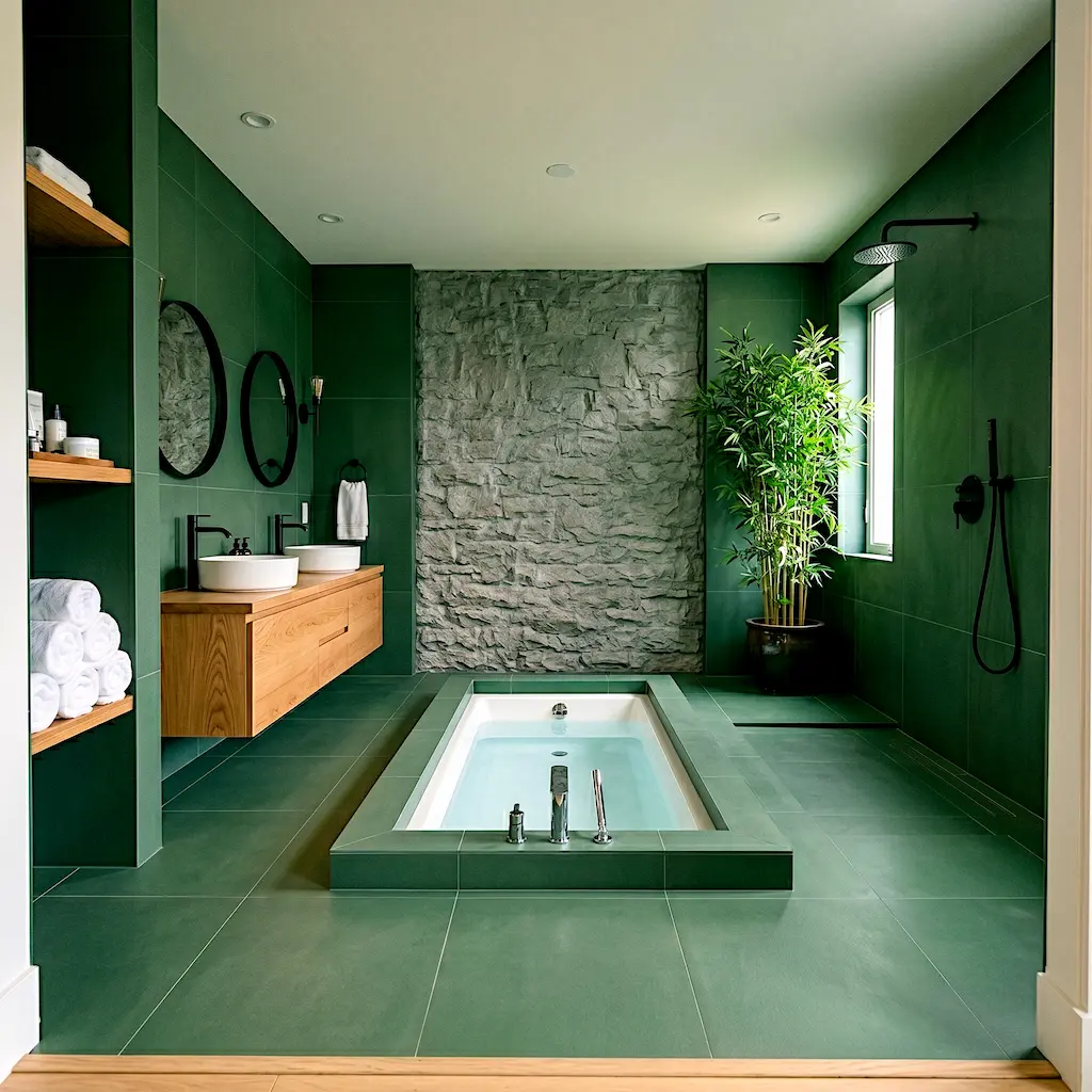 pine green tile minimalist spa bathroom with sunken bathtub 2026