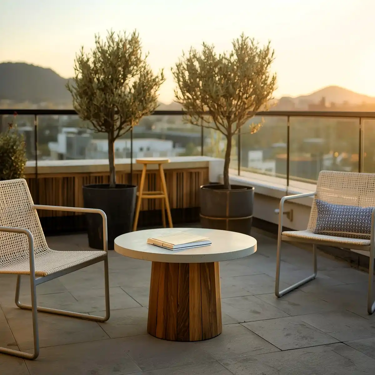 Modern round metal outdoor coffee table on balcony