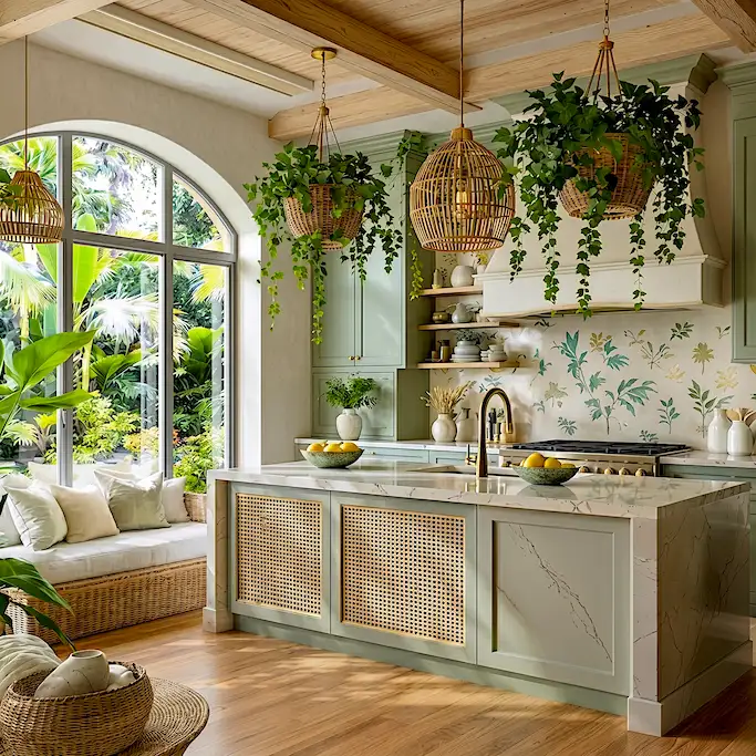 Nature inspired green kitchen with rattan pendant lights and hanging plants biophilic design