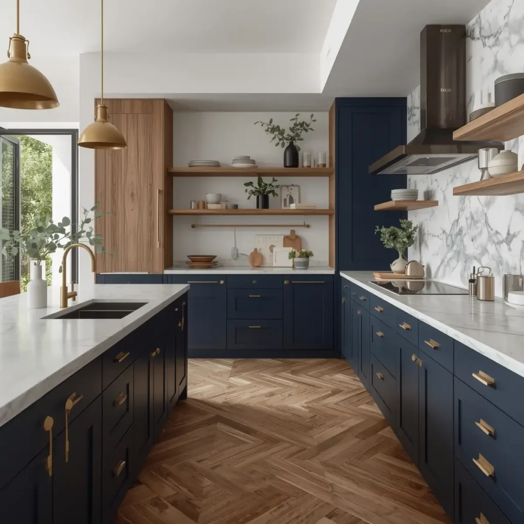 Navy blue kitchen with marble backsplash and herringbone flooring