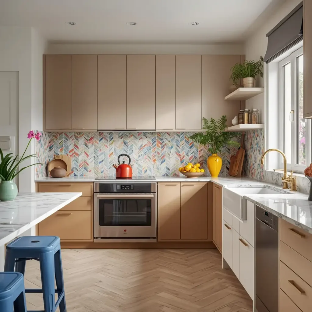 Neutral kitchen with colourful backsplash and blue stool accents