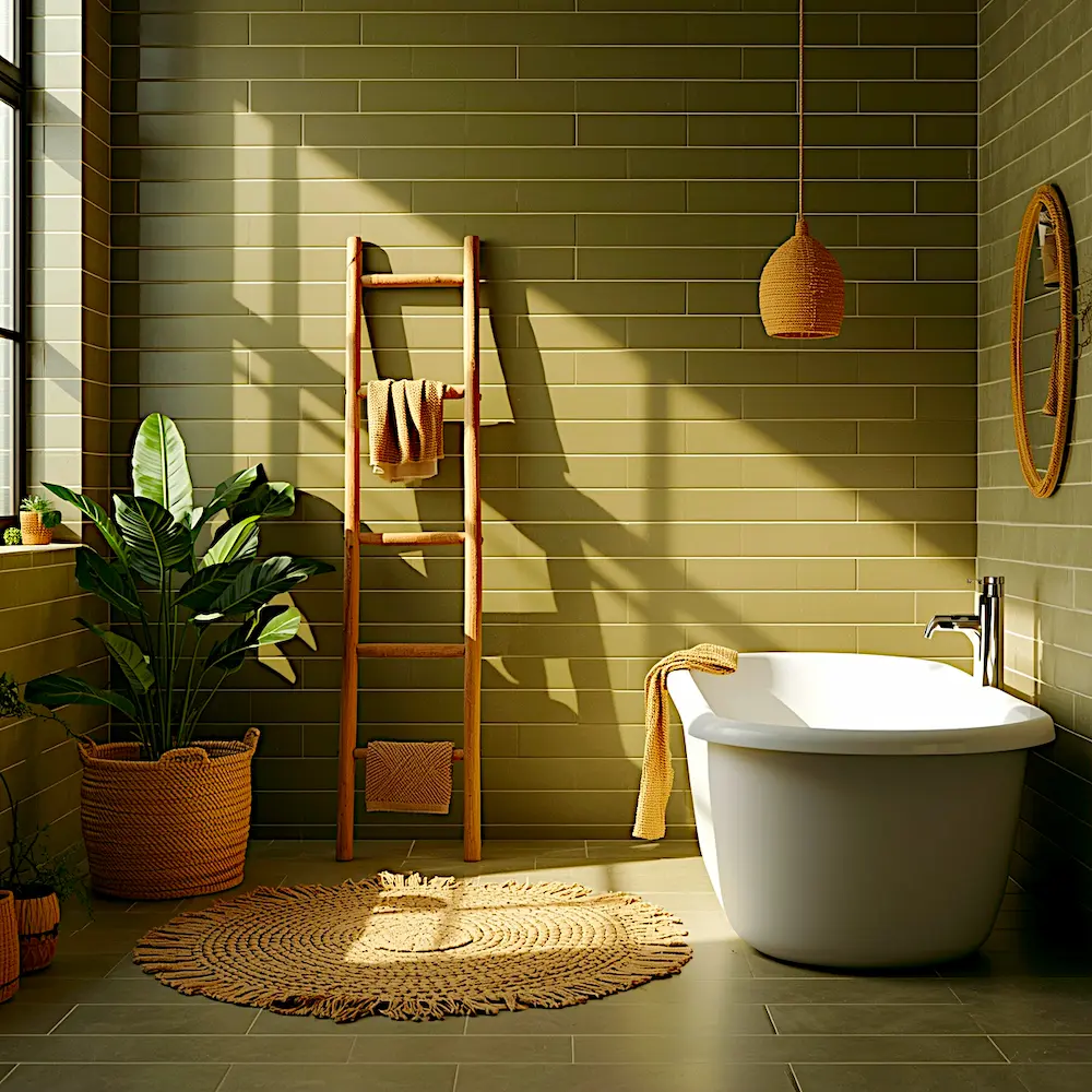 olive green tiles earthy boho bathroom freestanding tub 2026