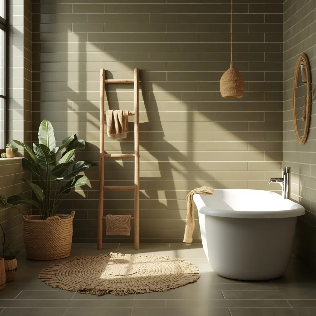 Olive green tiles in earthy boho bathroom