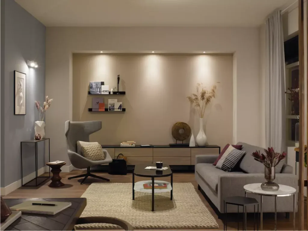 Philips Hue White Ambiance GU10 bulb installed in recessed ceiling spotlights