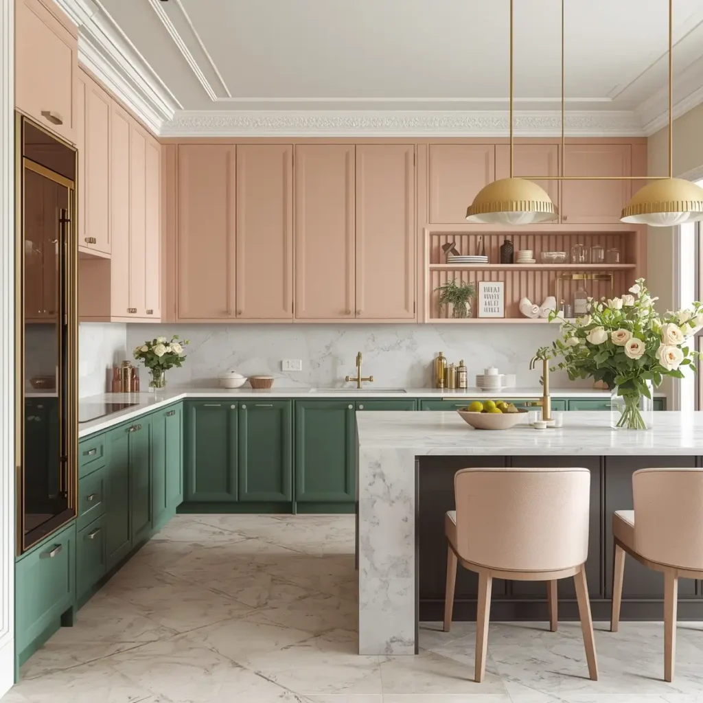 Blush pink upper cabinets with green lower cabinets in a modern kitchen