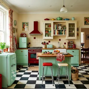Retro pop color kitchen with checkerboard floor and candy tone cabinets 2026 revival