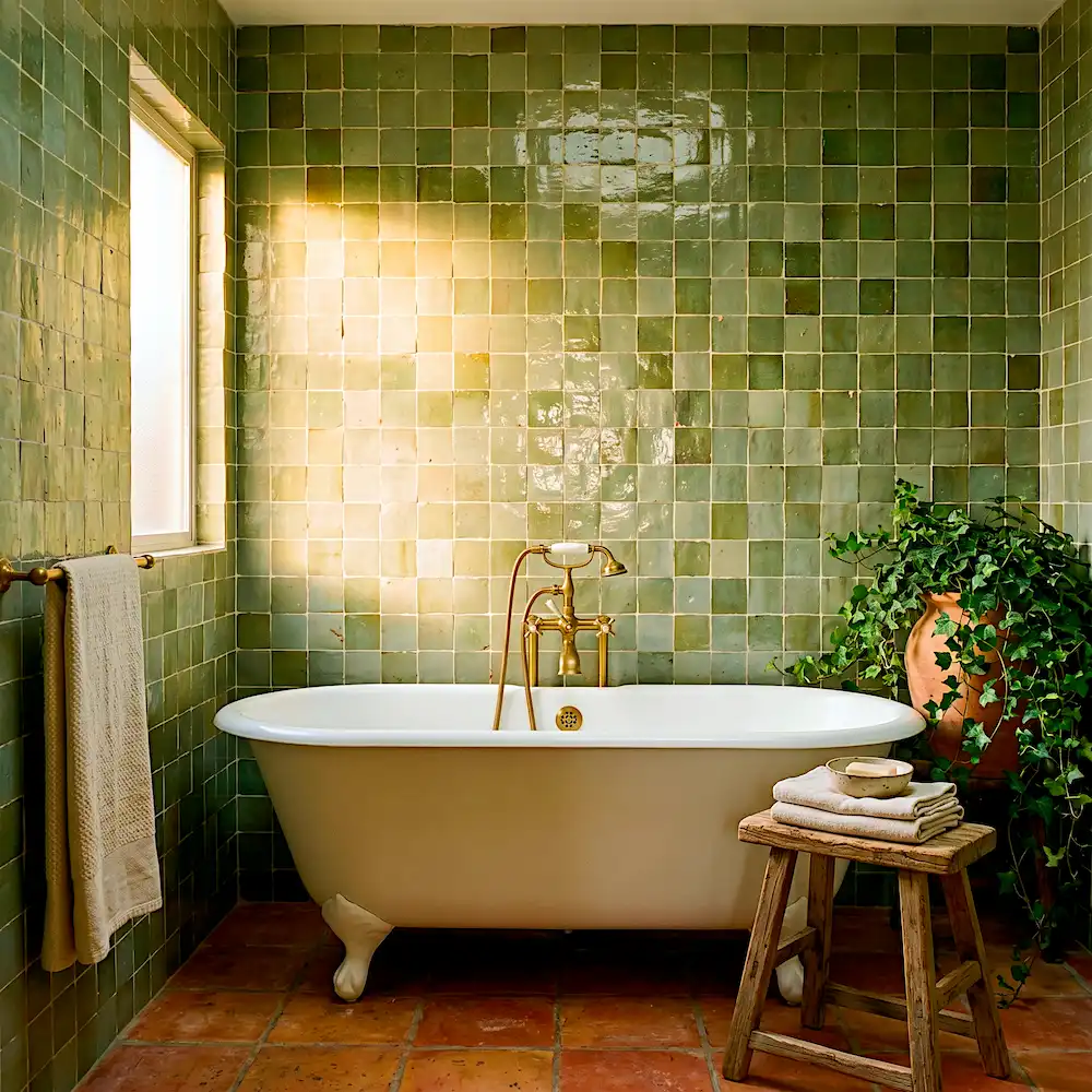 sage green Moroccan zellige tile bathroom aged brass fixtures 2026