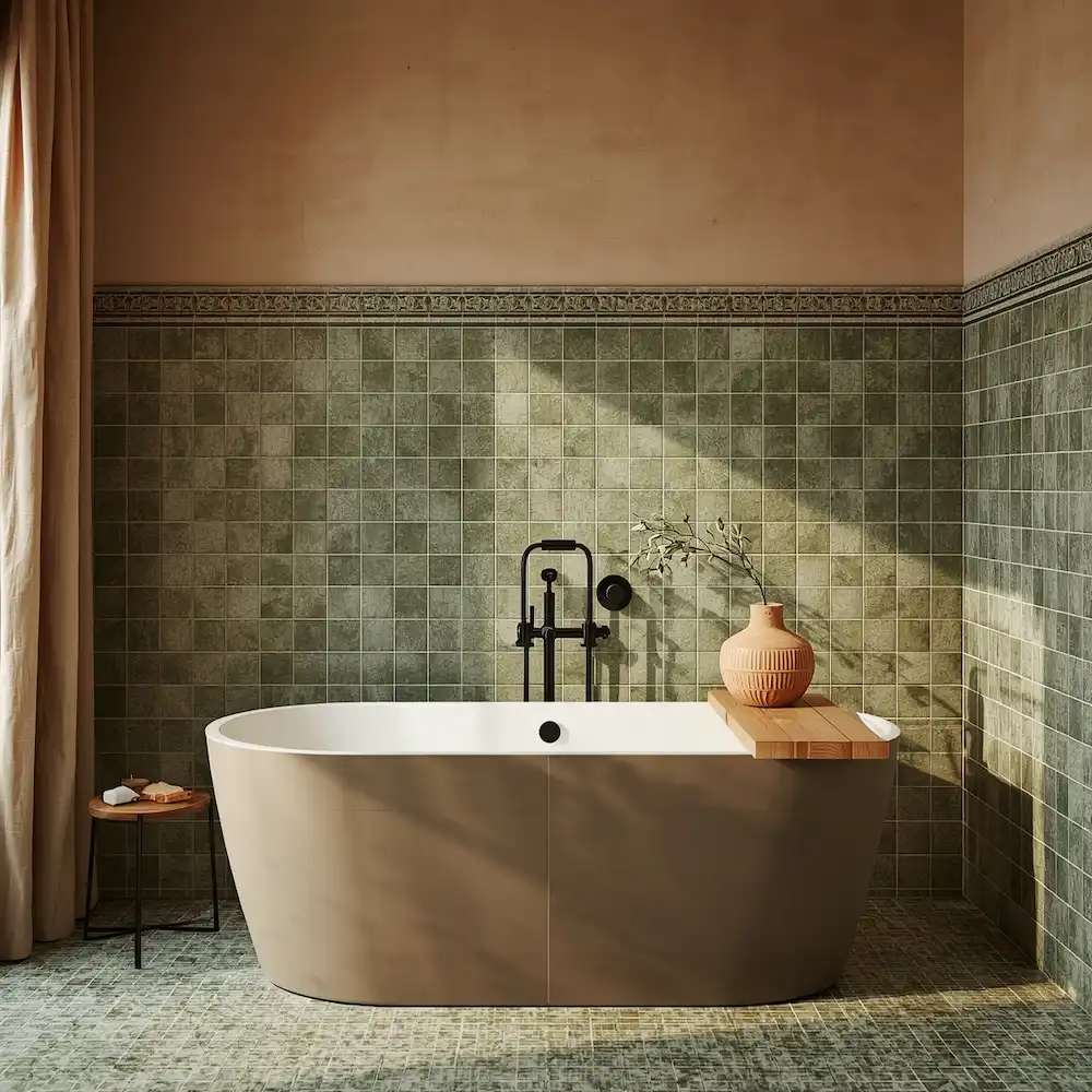 Sage green Moroccan tile bathroom