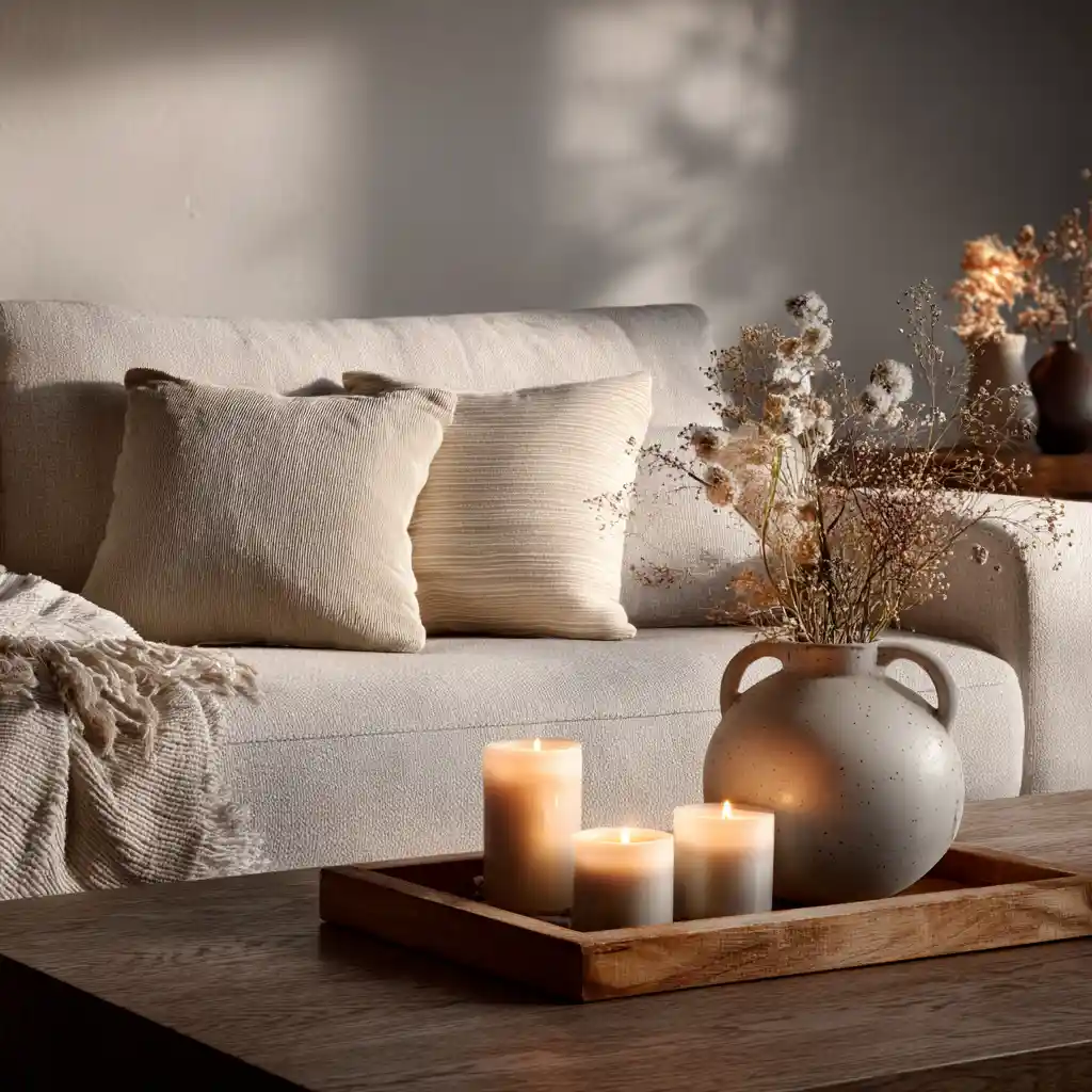 Scandinavian living room with soft ambient lighting and natural textures.