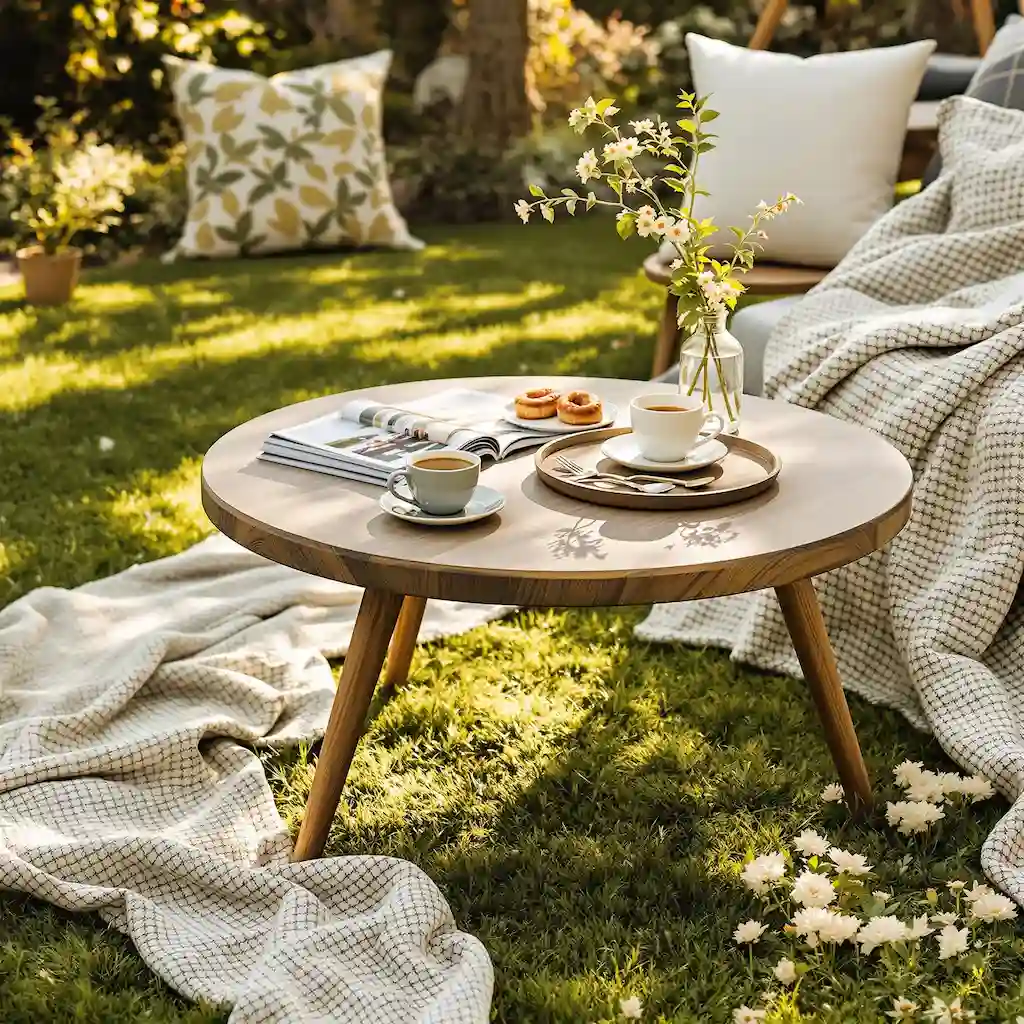 Scandinavian wood outdoor coffee table on patio with linen seating
