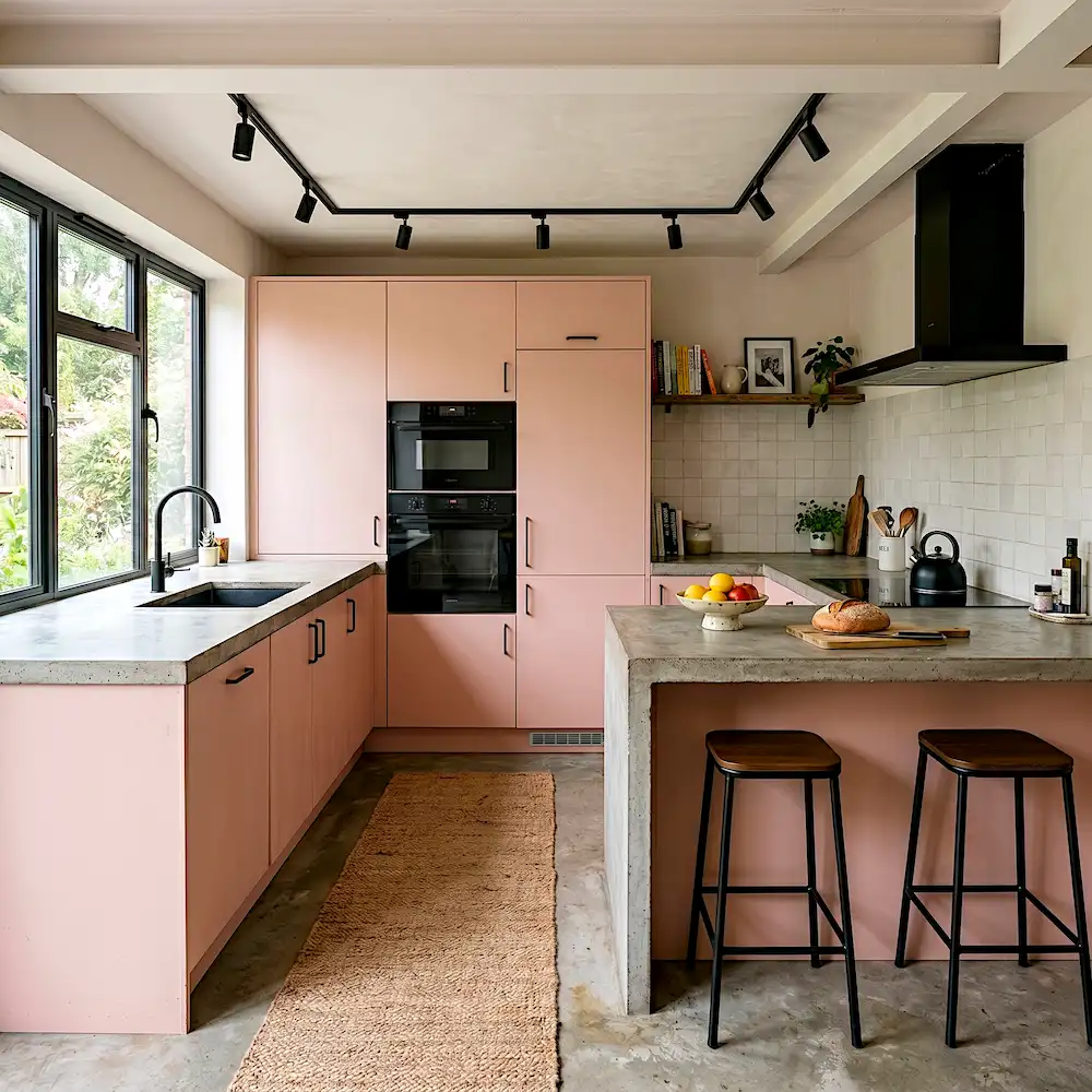 Soft pink concrete minimal kitchen modern feminine design 2026
