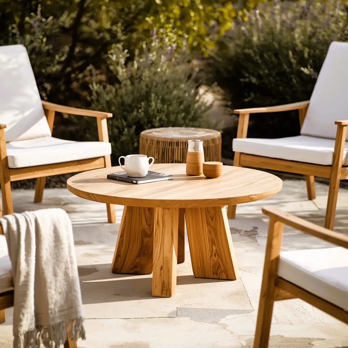 Solid wood outdoor coffee table with matching chairs on patio