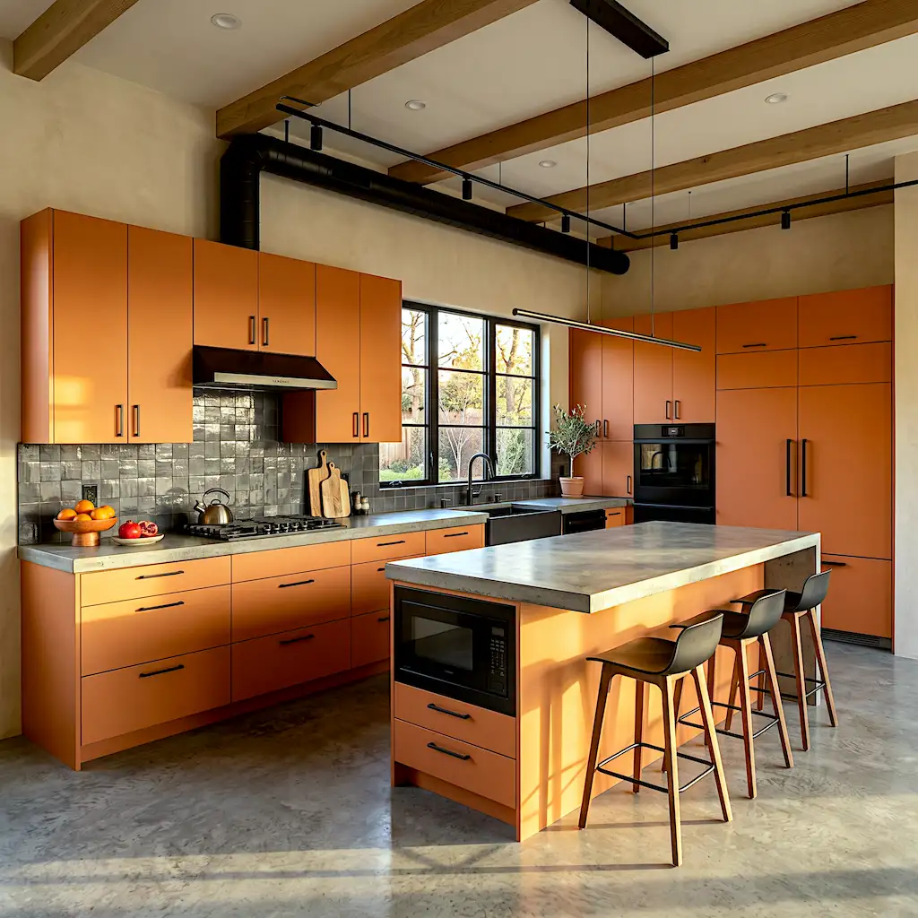 Sunset orange kitchen cabinets contemporary warm bold kitchen design 2026